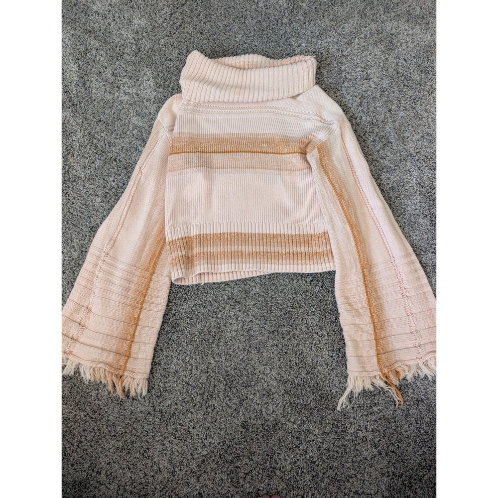 Free People Striped Cropped Turtleneck Sweater Fringe Bell Sleeve Cream Ochre M